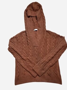 SO Women's Hooded Cable V-Neck Sweater - Brown
